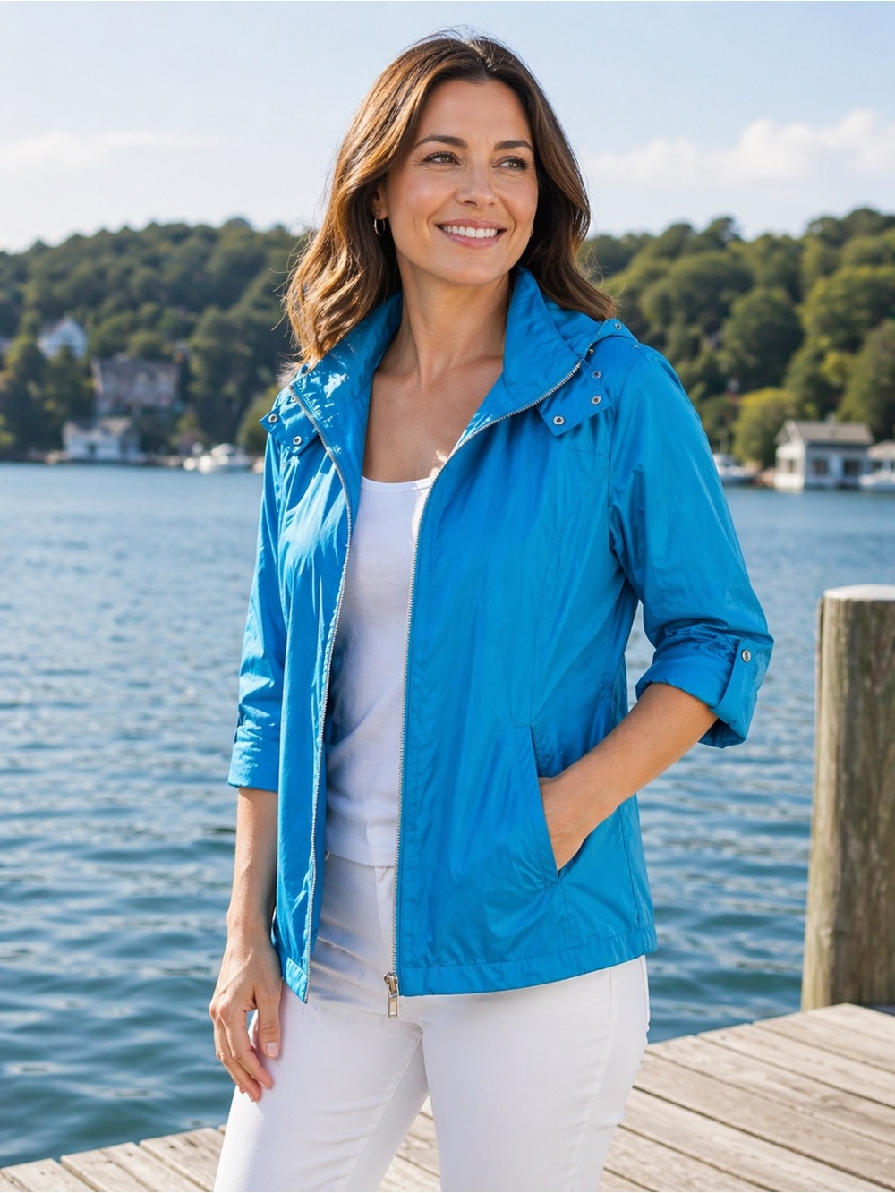 Chico’s Zenergy Jacket Women’s Size 8 Small Windbreaker Hooded Roll Up Sleeves